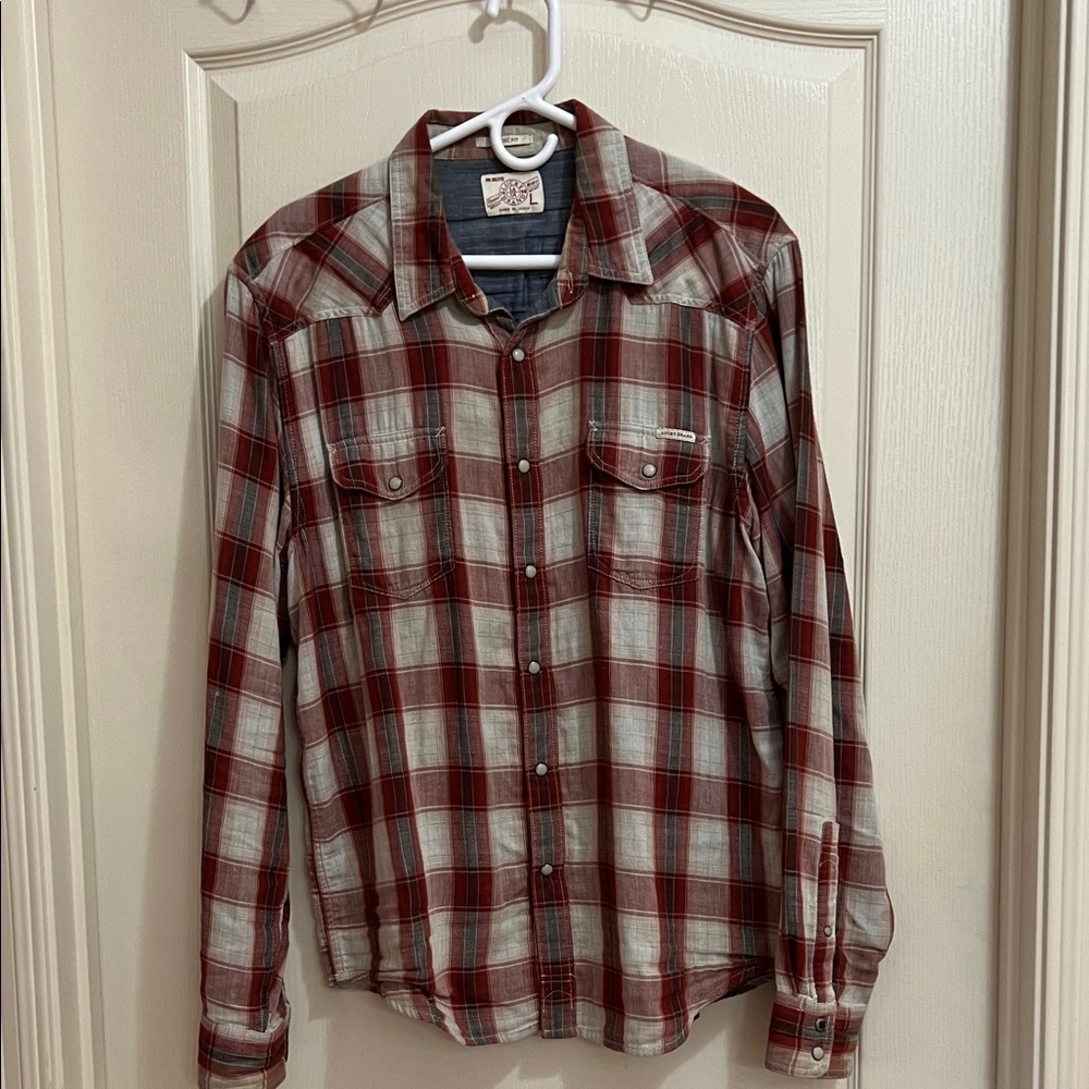 Lucky Brand Red and Gray Plaid Button-Down Shirt
